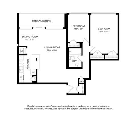 Floor plan for 2 beds, 1 bath, 975 sqft